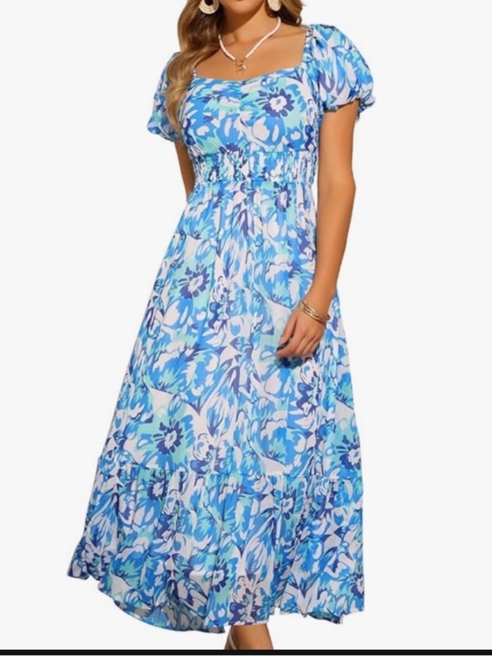Women's Allegra K Blue Floral Puff-Sleeve Maxi Dress Size Large